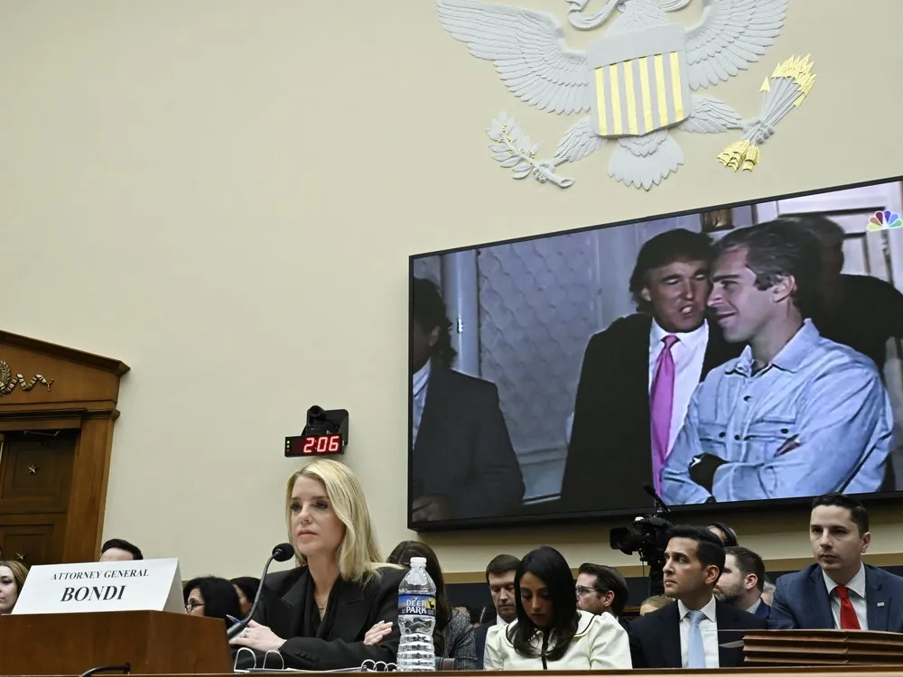 Attorney General Pam Bondi testifying in front of Congress about the Epstein files
